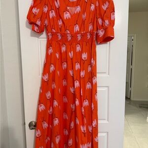 Karlie Red Floral Midi Dress with Puff Sleeves